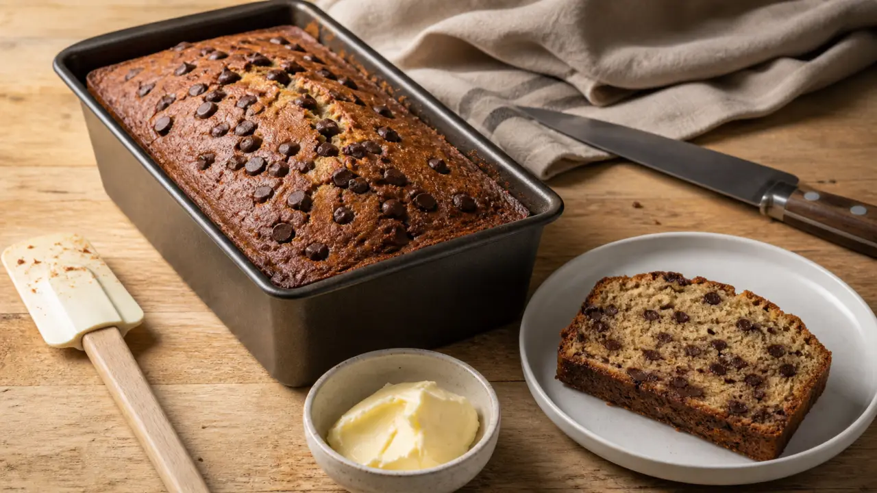 Cake aux pepites chocolat moelleux, tranche et pépites visibles