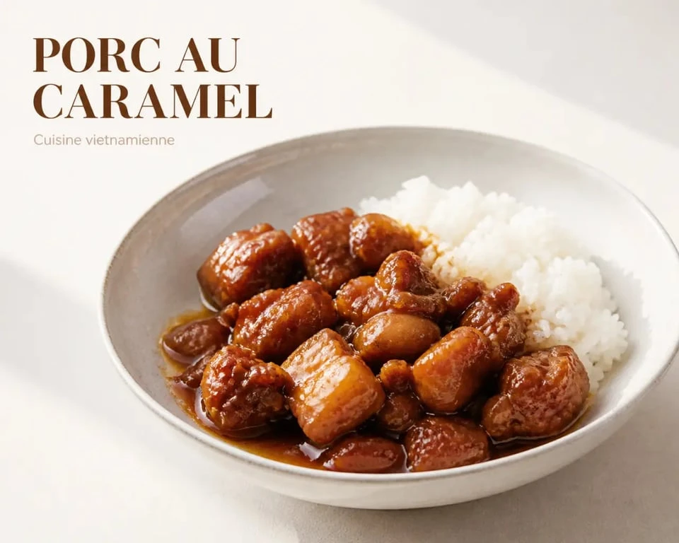 Recette porc au caramel vietnamien servie avec riz blanc, viande brillante et sauce caramélisée