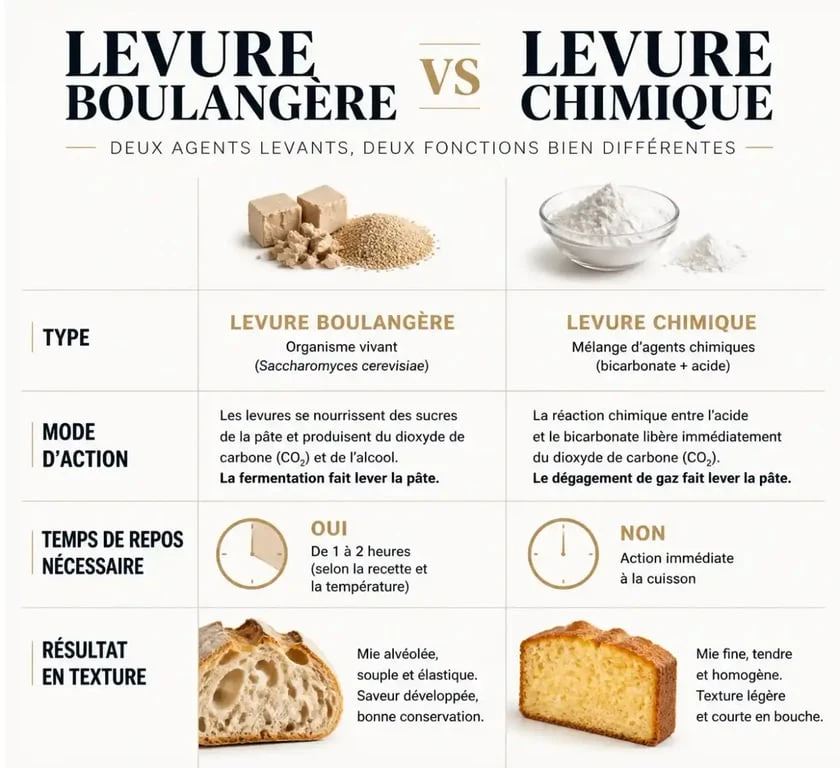 Tableau comparatif entre levure boulangère pour gâteau et levure chimique