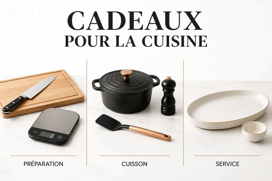 Idées cadeaux pour la cuisine présentées en sélection éditoriale de couteau, ustensiles, accessoires et objets de service