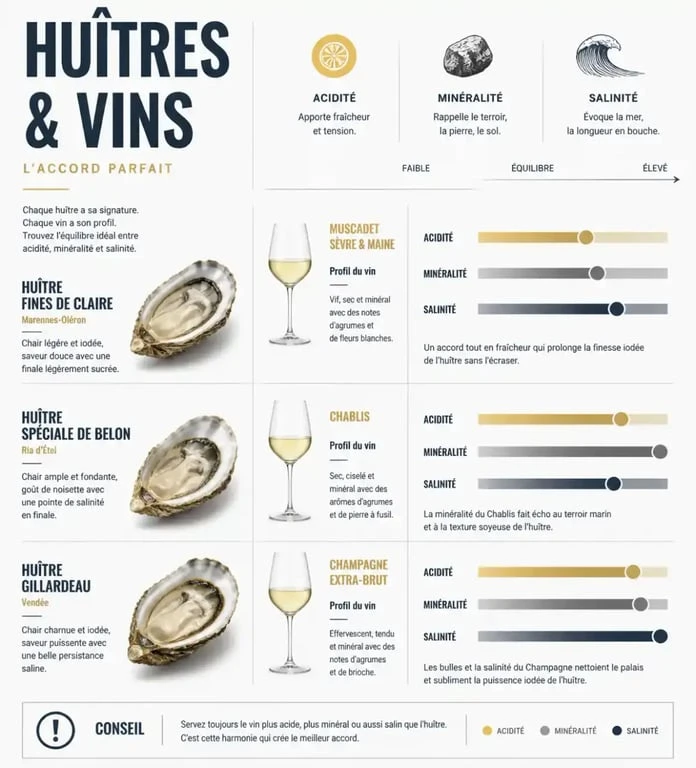 Infographie des meilleurs accords mets-vins pour huîtres et vin blanc