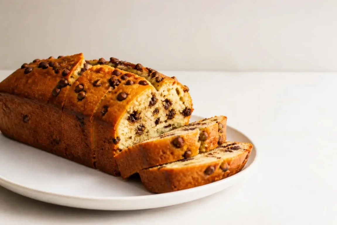 Cake aux pepites chocolat moelleux, tranche ouverte avec pépites visibles sur assiette blanche