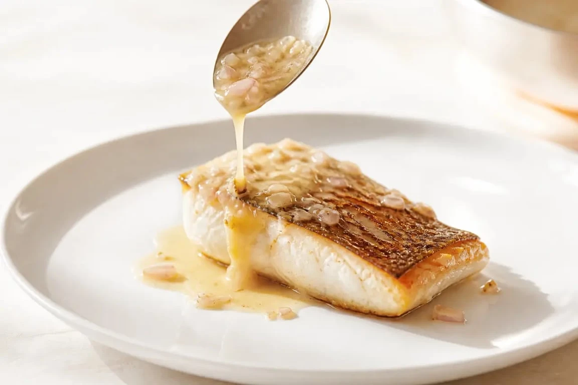 Sauce au vin blanc nappant un filet de poisson, photo culinaire élégante