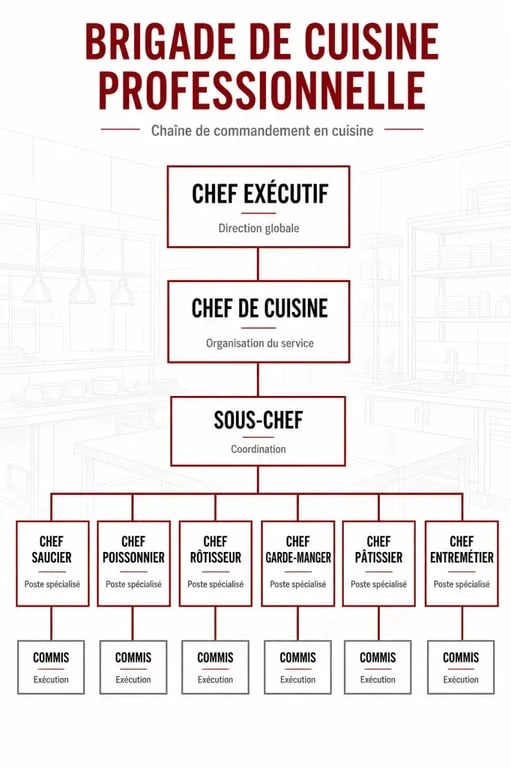 Brigade de cuisine : schéma hiérarchique des postes du chef exécutif aux commis