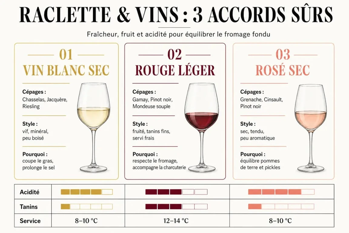 Vin blanc avec la raclette : infographie comparative des accords blanc, rouge et rosé