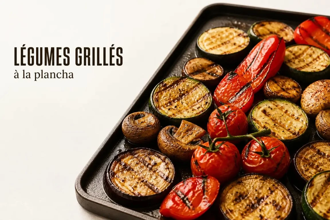 Légumes plancha grillés et colorés sur plaque chaude