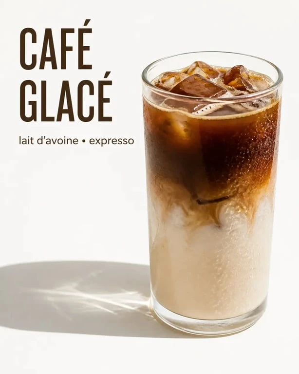 Recettes café glacé maison servies dans un grand verre transparent avec glaçons et lait