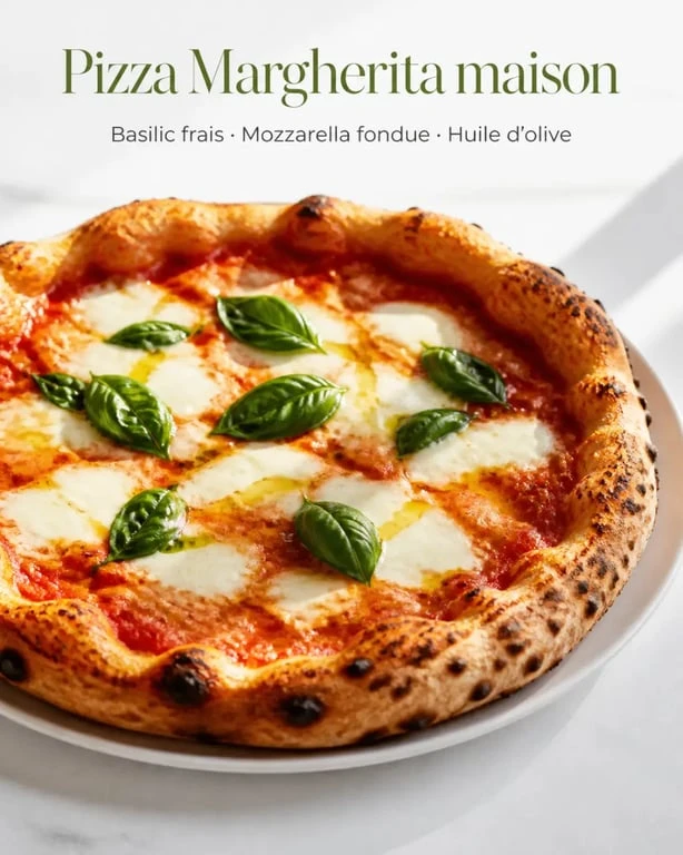 Idée de pizza italienne margherita maison avec mozzarella, basilic et huile d’olive