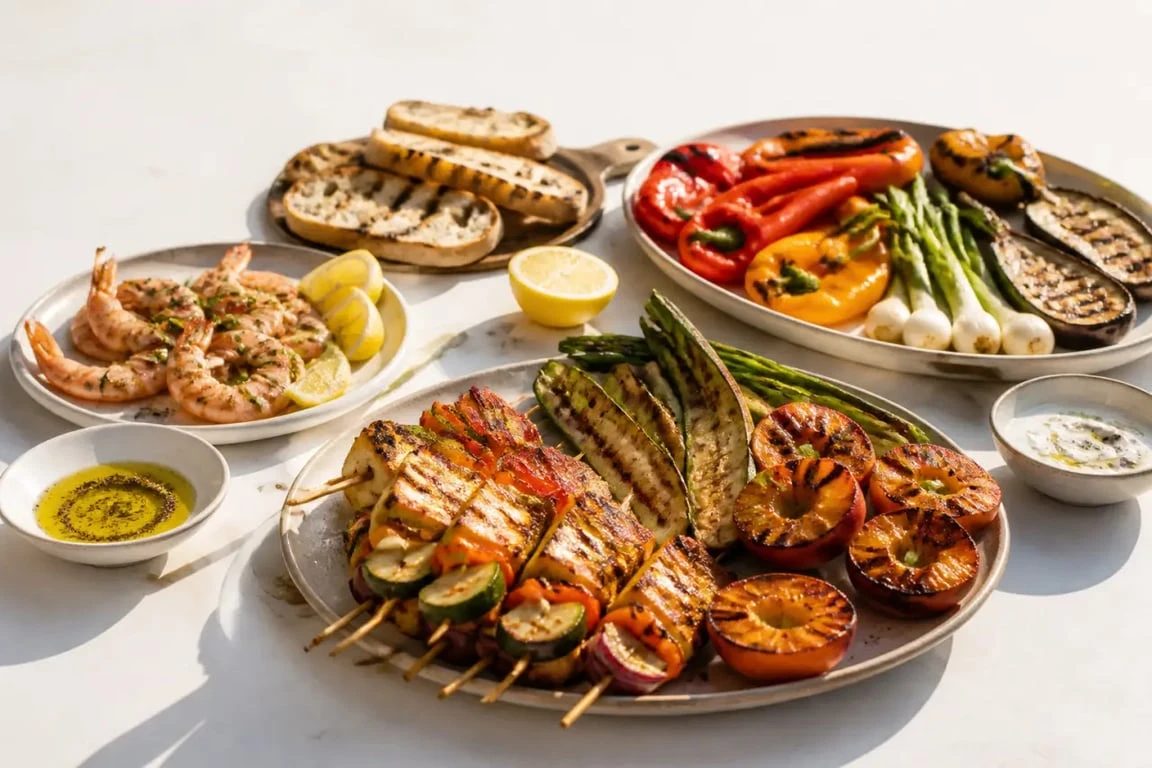 Que faire au barbecue pour changer : assortiment de légumes grillés, halloumi, crevettes et fruits sur une table d’été