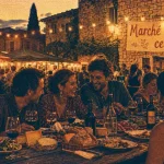 Marché gourmand aujourd’hui Tarn et Garonne : table partagée et stands éclairés