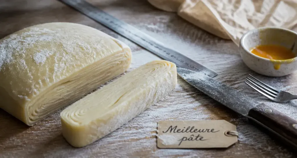 Meilleure pate feuilletée : pâte feuilletée crue coupée, couches beurrées visibles