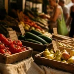 Primeur montpellier : étal de produits locaux de saison (tomates, courgettes)