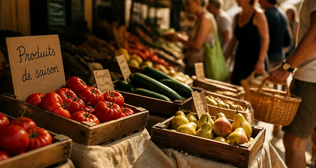 Primeur montpellier : étal de produits locaux de saison (tomates, courgettes)
