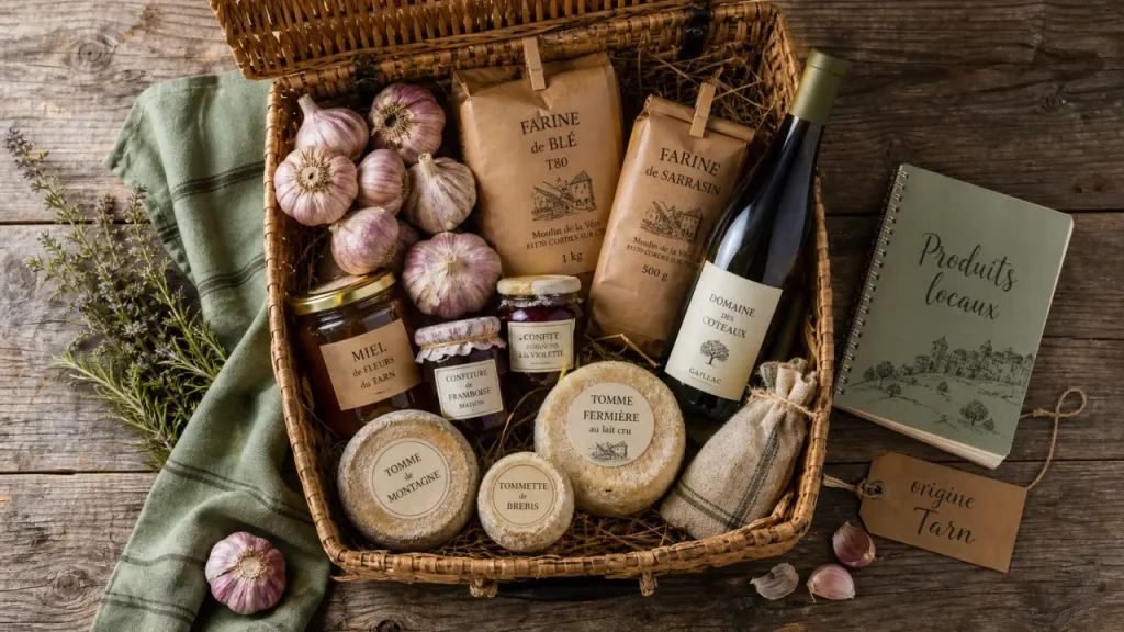 Produits locaux Tarn : panier d’ail, fromages et miel du terroir