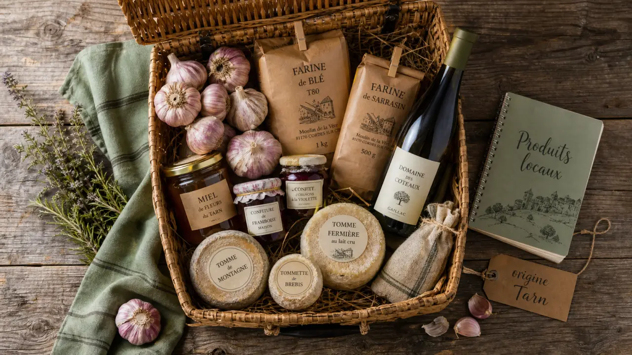 Produits locaux Tarn : panier d’ail, fromages et miel du terroir