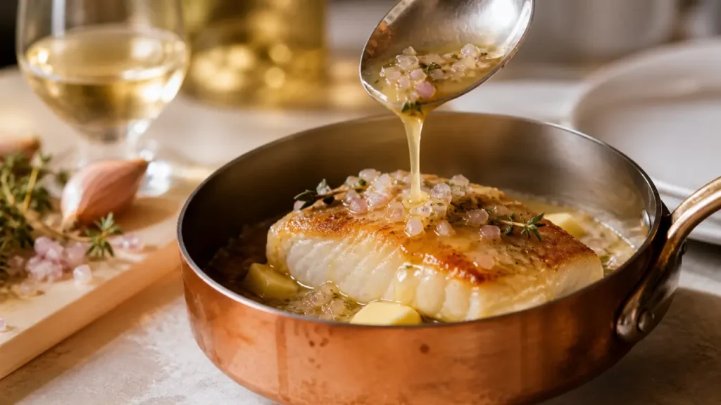 Sauces au vin blanc nappantes, réduction au vin blanc en filet sur poisson