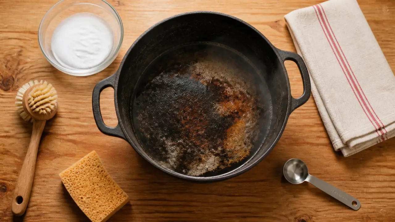 cocotte en fonte nettoyage : brûlé et rouille, eau chaude et bicarbonate