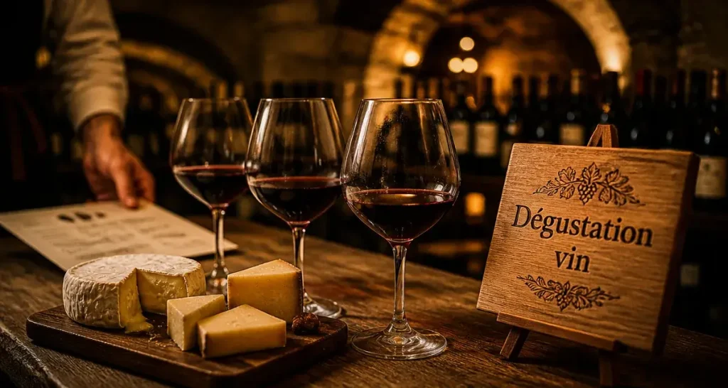 degustation vin paris en cave voûtée, verres et planche de fromages