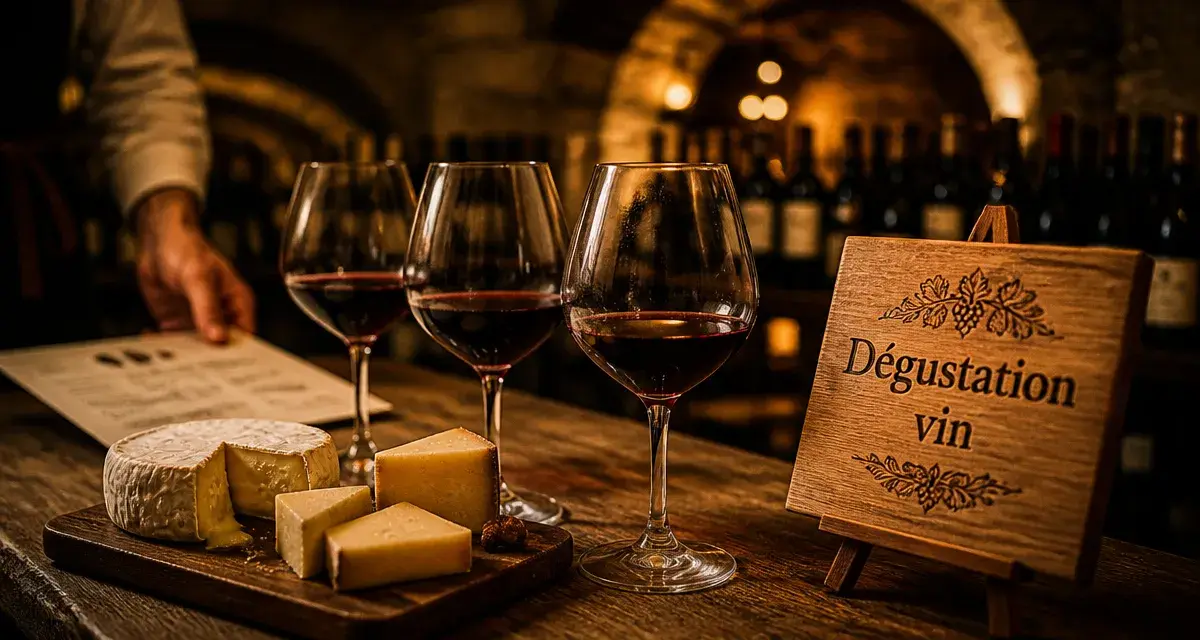 degustation vin paris en cave voûtée, verres et planche de fromages
