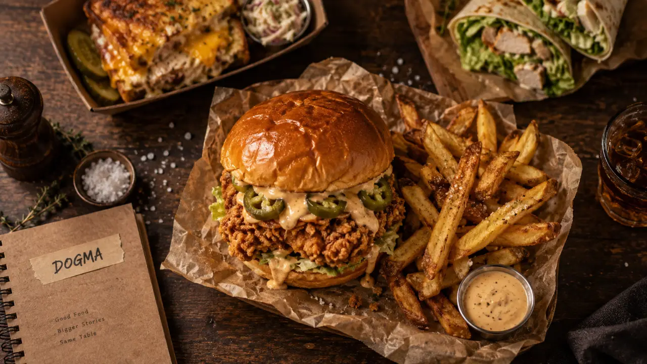 Dogma street food Paris : fried chicken burger et frites