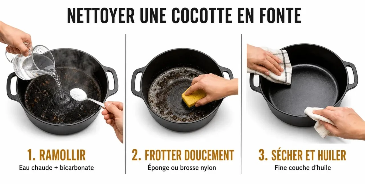 Cocotte en fonte nettoyage étape par étape avec eau chaude, bicarbonate et séchage