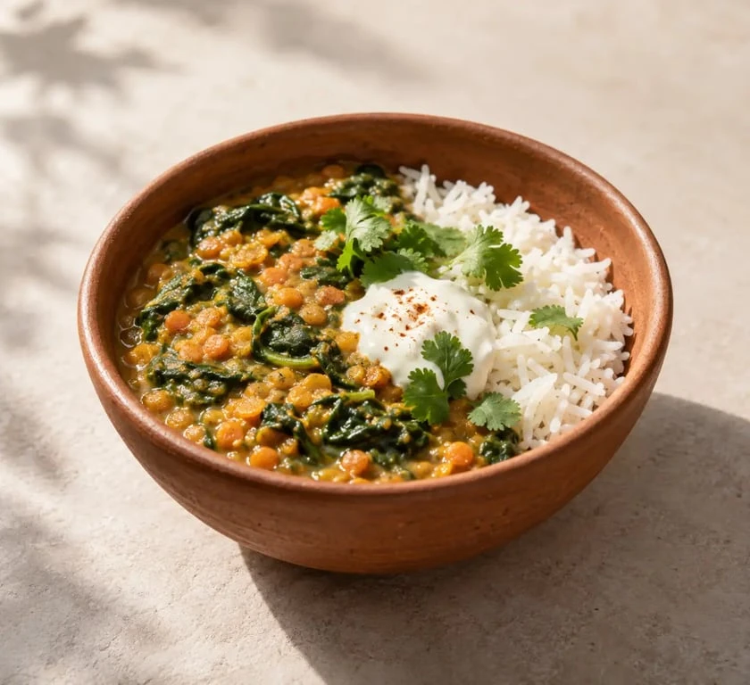 Recette de cuisine indienne : dal de lentilles corail aux épinards servi avec du riz basmati
