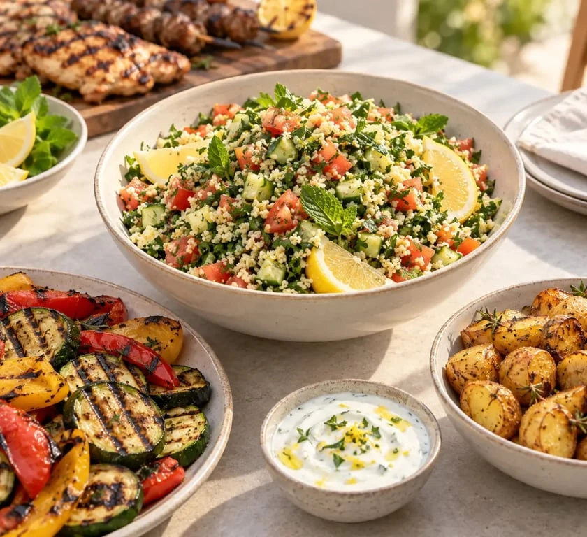 Accompagnement barbecue rapide avec taboulé menthe-citron, légumes grillés et sauce au yaourt