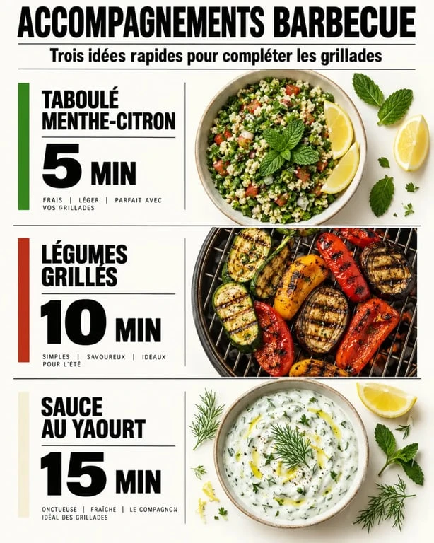 Infographie des accompagnements barbecue rapides avec taboulé, légumes grillés et sauce au yaourt