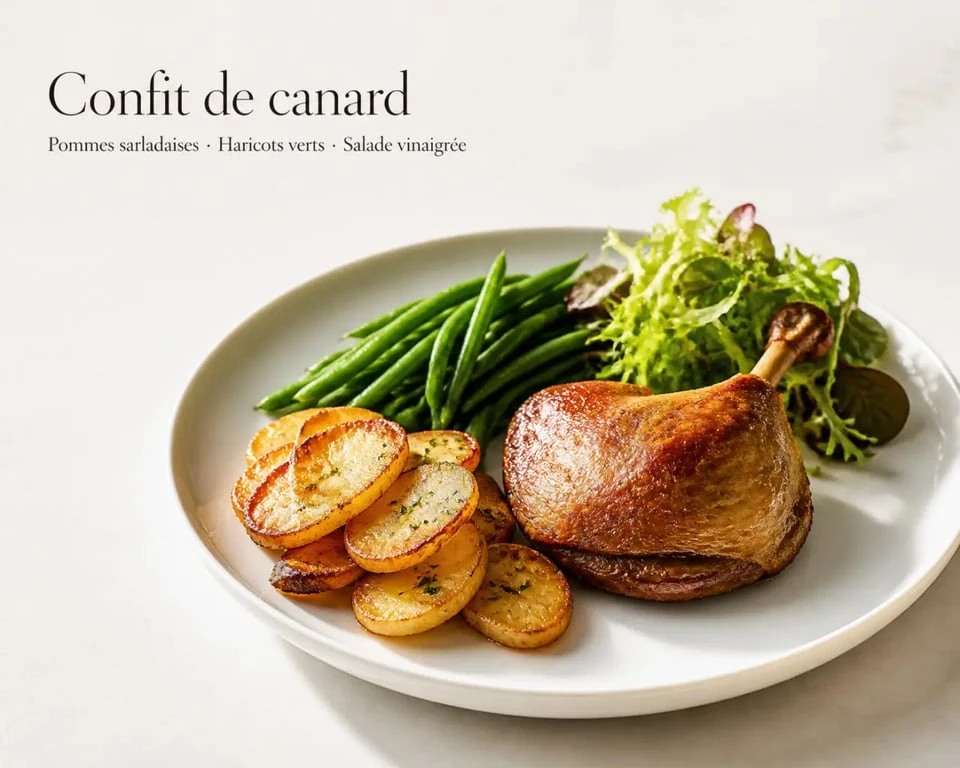 Confit de canard accompagnements sur une assiette dressée avec pommes de terre sarladaises, haricots verts et salade vinaigrée
