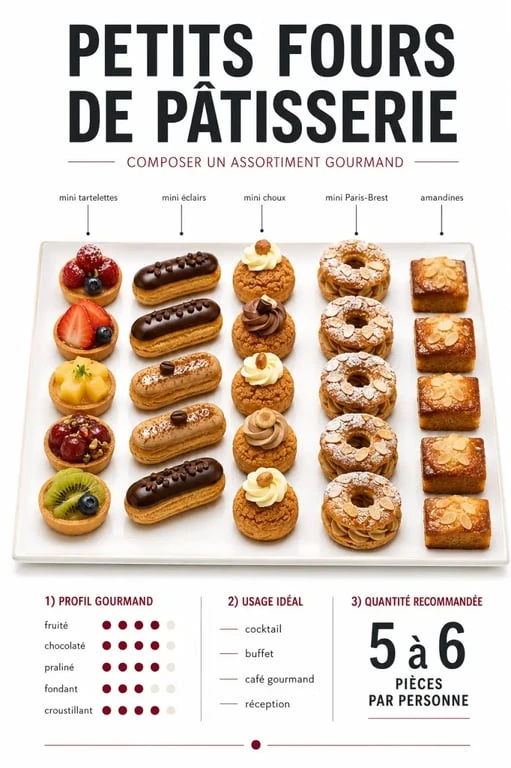 Infographie petit fours patisserie : variétés, usages et quantité par personne