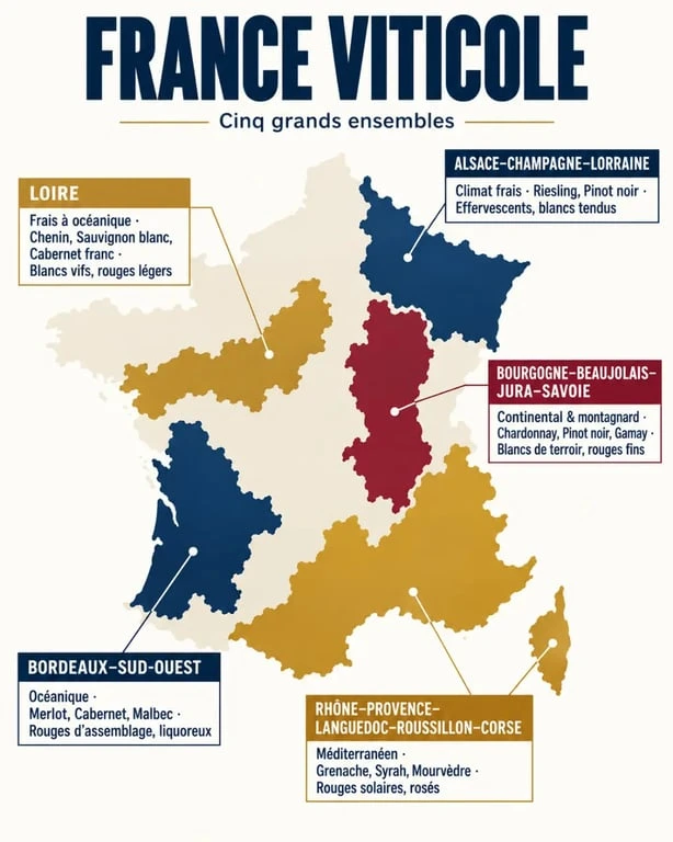 Carte éditoriale des régions vinicoles françaises, leurs climats, cépages et styles de vins