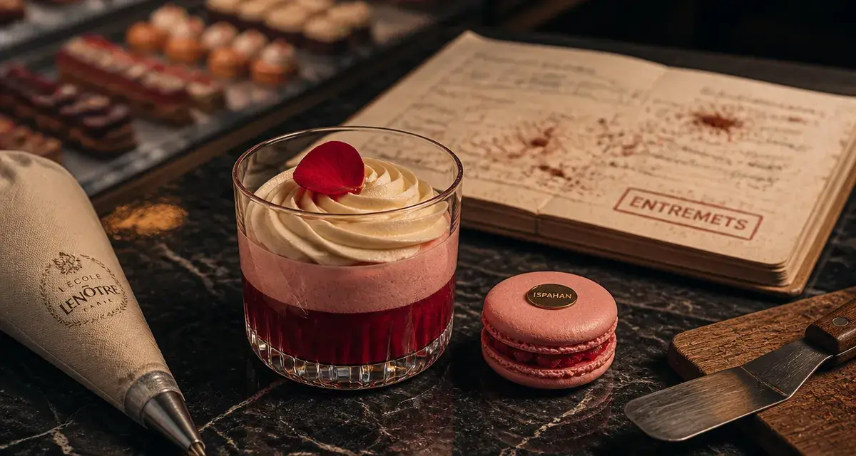 Pâtissier français : macaron Ispahan et verrine en vitrine parisienne