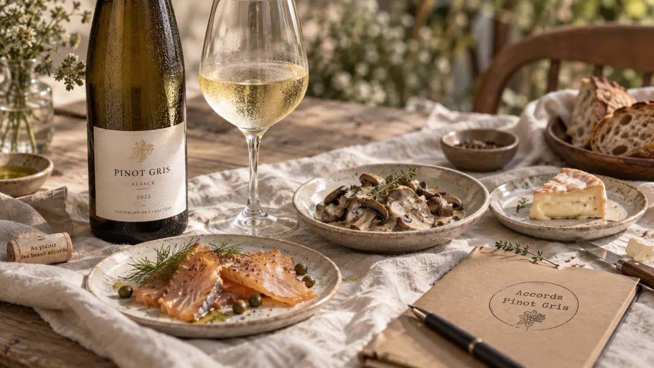 Pinot gris accompagnement : verre et plats fumés, crémeux et épicés