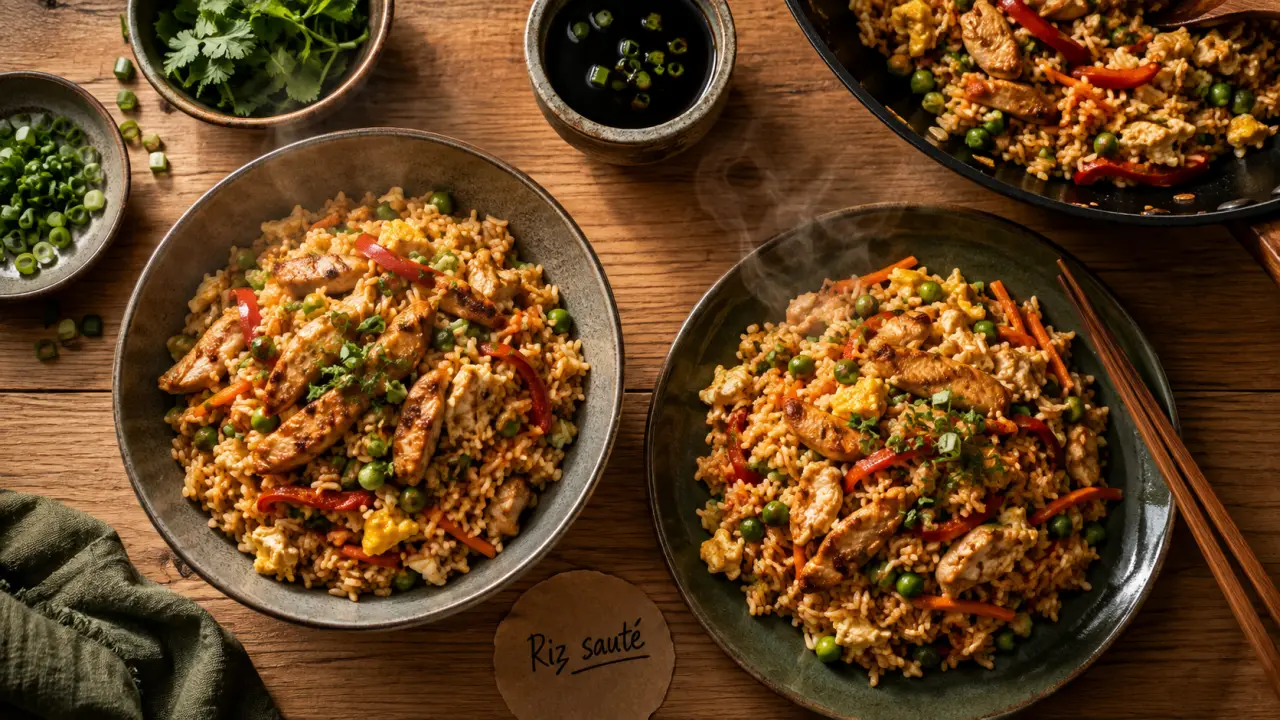 Que manger avec du riz : riz sauté poulet et légumes, œuf
