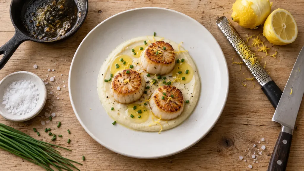 Recettes gastronomiques faciles : Saint-Jacques beurre citronné sur purée céleri-rave