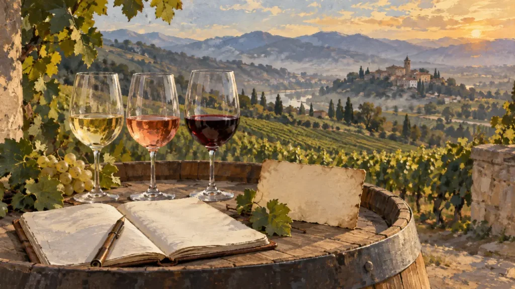 Régions vinicoles françaises : verres de vin et vignes, climats et styles