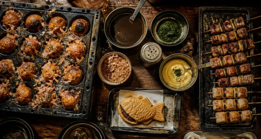 Street food japonaise : takoyaki, yakitori et taiyaki au comptoir