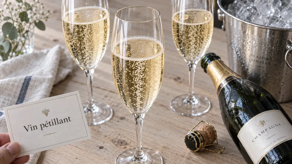 Vin pétillant : verres tulipe avec bulles sur table en bois