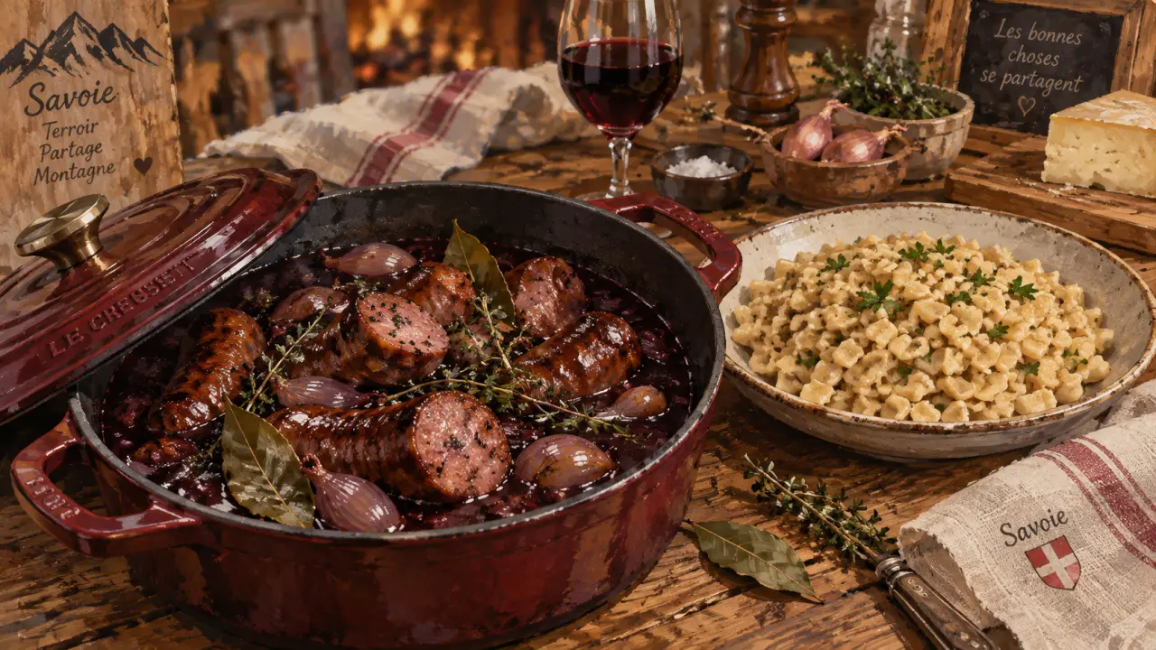 Diots au vin rouge, sauce bordeaux et échalote fondante