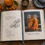Livre de recette de cuisine ouvert, pickles de carottes, table en chêne
