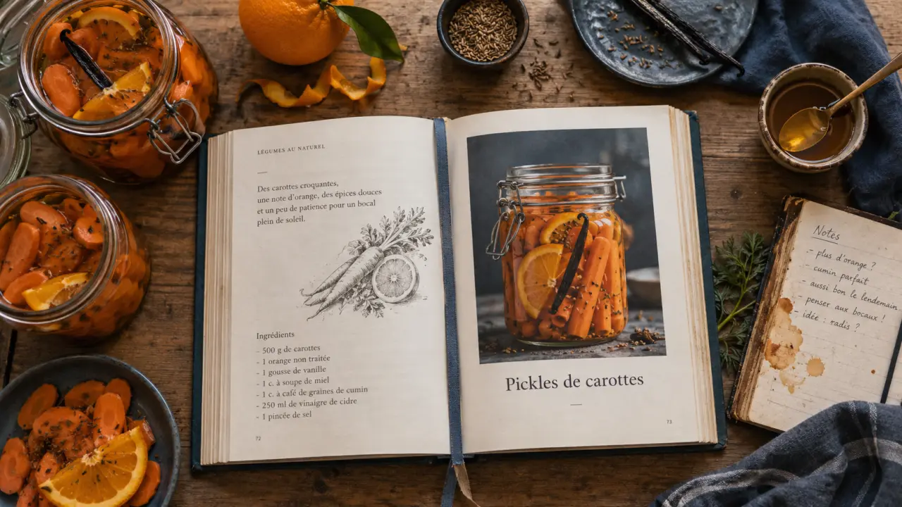 Livre de recette de cuisine ouvert, pickles de carottes, table en chêne