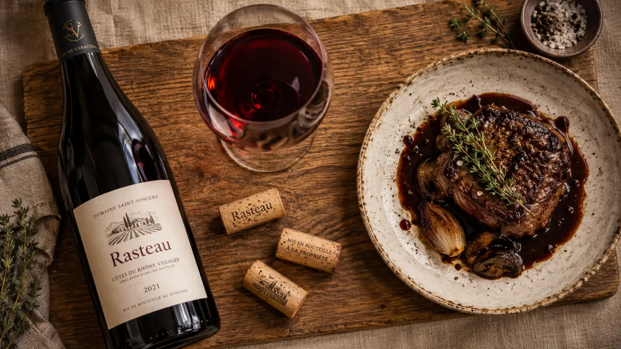 Rasteau vin rouge : bouteille, verre et viande grillée pour accords