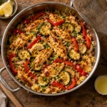 Recette à la poêle : poulet doré et riz citronné, légumes