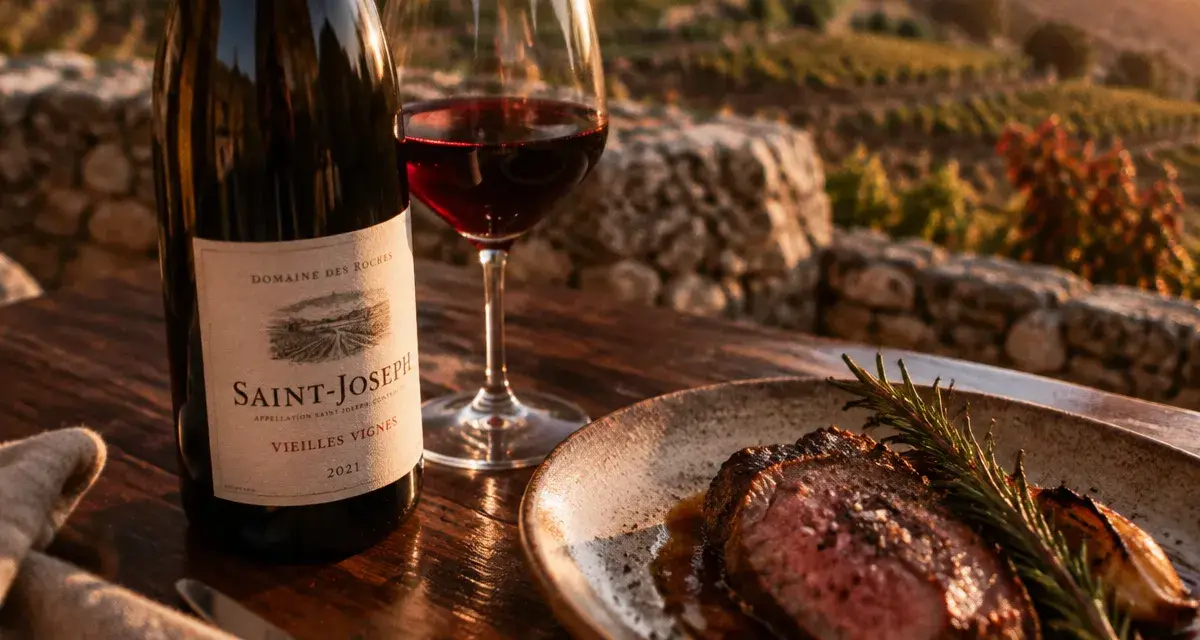 Saint joseph vin rouge : bouteille, verre rubis et romarin