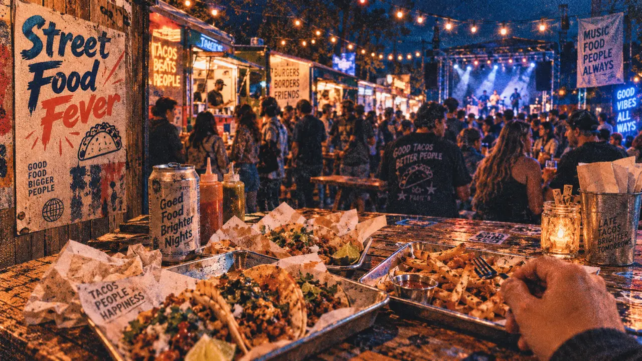 Photo street food festival : tacos, frites et food trucks sous guirlandes