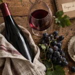 vin de loire rouge sur table, bouteille et raisins