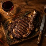 Vin rouge cote de boeuf et côte de bœuf grillée, verres et bouteille
